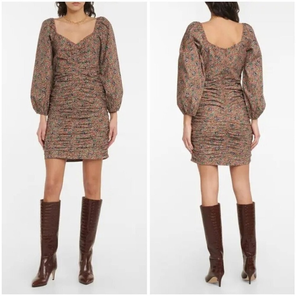 Veronica Beard Ruched Floral Mini Nadi Dress SIZE 2 Cotton Cinnamon Multi NWT